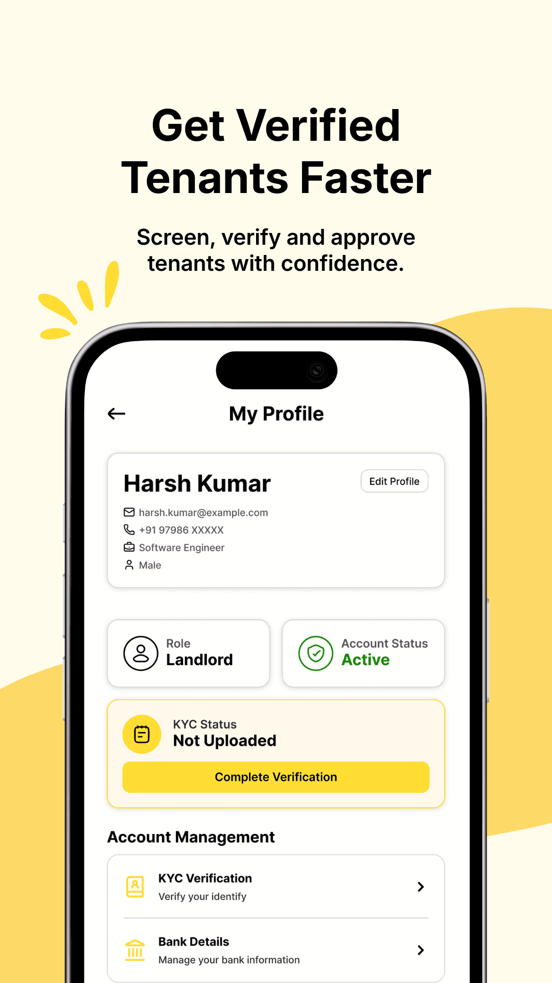 Landlord profile with KYC status and account management