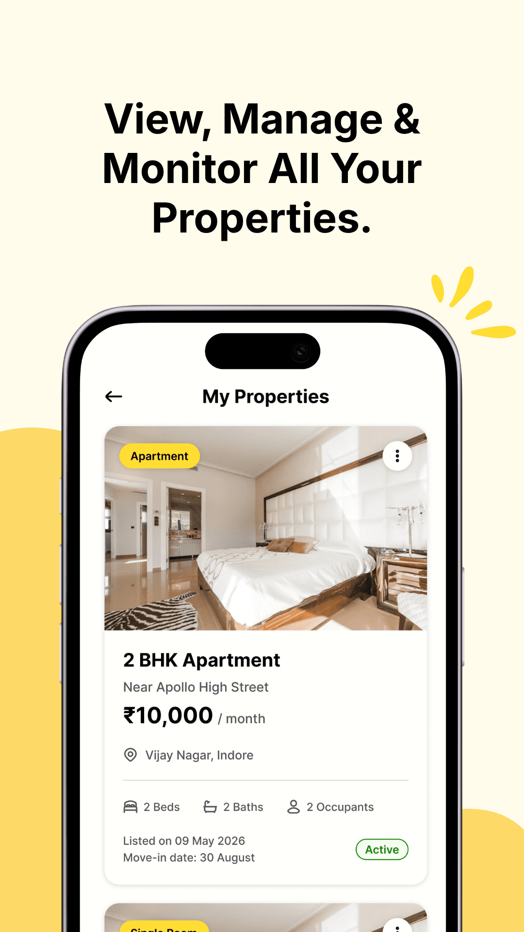My Properties list showing a 2 BHK apartment listing