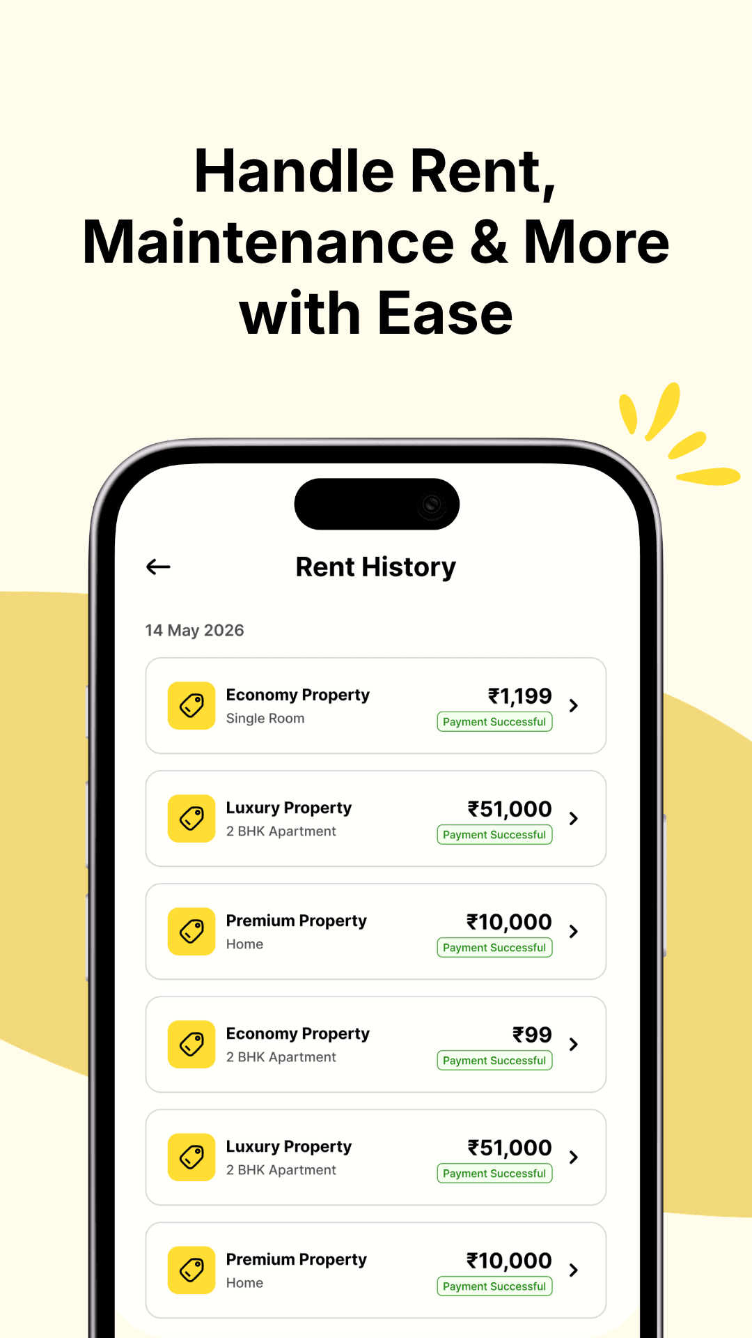 Rent history list with successful payments